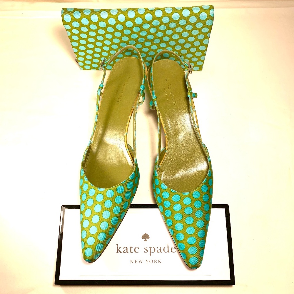 Kate Spade Turquoise and Olive Silk PolkaDot Slingbacks size 9.5  Matching Bag